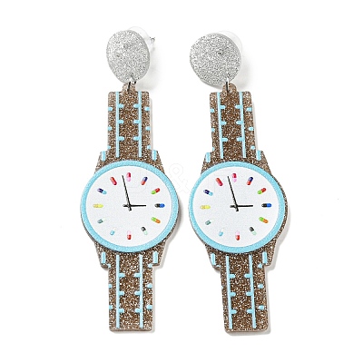 Sparkling Acrylic Watch Dangle Stud Earrings with 304 Stainless Steel Pins EJEW-C063-01F-1