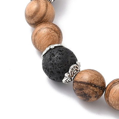 3Pcs 3 Colors Natural Wood & Lava Rock Round Beads Stretch Bracelets BJEW-JB12353-1