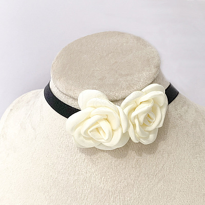 Double 3D Rose Polyester Band Choker Necklaces with Alloy End Chains FS-WG50A3E-02-1