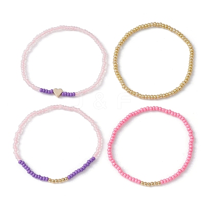 4Pcs 4 Style Brass Heart & Glass Seed Beaded Stretch Bracelets Set BJEW-JB09537-1