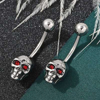Skull 316 Surgical Stainless Steel Red Cubic Zirconia Belly Button Rings EJEW-G416-34AS-1