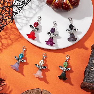 6Pcs 6 Colors Transparent Acrylic & Dyed Synthetic Turquoise Halloween Skull Angel Pendant Decorations HJEW-JM03903-1