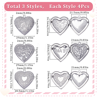 12Pcs 3 Styles 316 Stainless Steel Locket Pendants STAS-SC0007-55-1