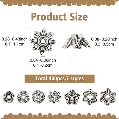 400Pcs 7 Style Tibetan Style Alloy Bead Caps TIBE-YW0001-80-1