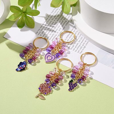 4Pcs Grape/Flower/Heart/Butterfly Alloy Enamel Pendant Keychain KEYC-JKC00412-04-1