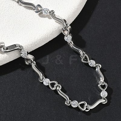 Brass Micro Pave Clear Cubic Zirconia Heart & Twist Link Chain Bracelets for Women BJEW-G764-06P-1