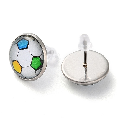 Sport Balls Glass & 304 Stainless Steel Stud Earrings for Women EJEW-H005-01P-02-1