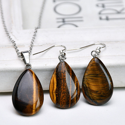 Teardrop Natural Tiger Eye Pendant Necklaces & Dangle Earrings Sets FS-WGAC060-04-1