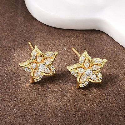 Flower Brass Micro Pave Clear Cubic Zirconia Stud Earrings EJEW-F400-01D-G-1