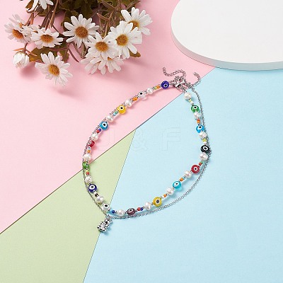 2Pcs 2 Style Natural Pearl & Evil Eye Beaded Necklaces with Bear Pendant for Women NJEW-TA00019-1