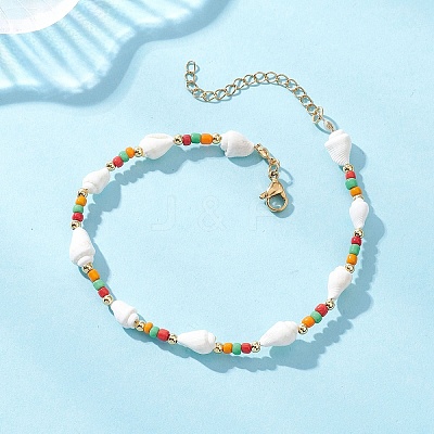 Natural Shell & Glass Seed Beads & 304 Stainless Steel Beaded Anklets for Women AJEW-TA00056-1