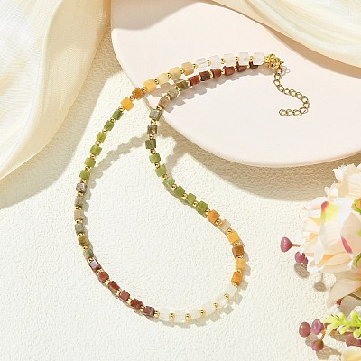 Gradient Natural Unakite & Quartz Crystal & Chinese Southern Jade & Yellow Aventurine & Sesame Jasper Cube Beaded Necklaces with Brass Round Beads NJEW-JN06612-1