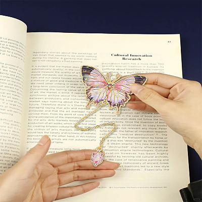 2Pcs 2 Styles Butterfly Alloy Enamel Charms Bookmarks with Chain AJEW-LP0004-24A-1
