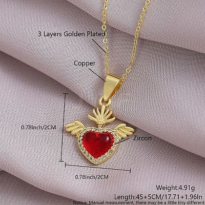 Brass Micro Pave Clear Cubic Zirconia and Red Resin Scared Heart Pendant Necklaces for Women FS-WG476F5-10-1