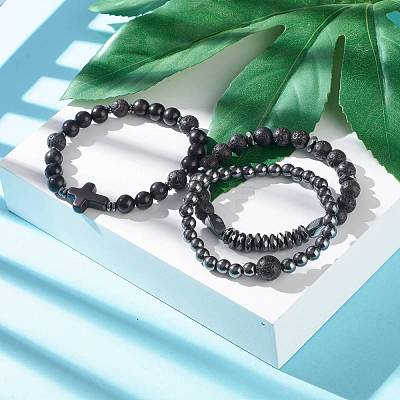 Energy Power Cross Beads Stretch Bracelets Set for Men Women BJEW-JB06891-1