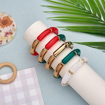 5Pcs 5 Colors Acrylic Curved Tube Stretch Bracelets Set BJEW-SW00069-1
