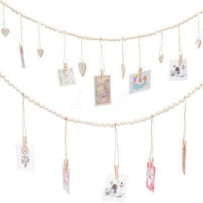 2Pcs 2 Styles Wall Hanging Photo Display with Wooden Beads Garland WOOD-GO0001-02-1