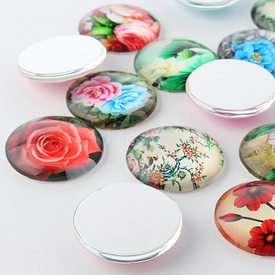 Flower Printed Glass Cabochons GGLA-A002-10mm-BB-1