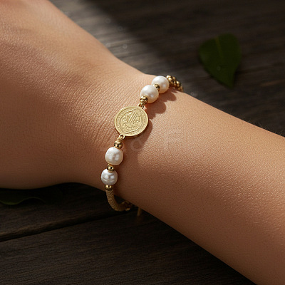 Imitation Pearl and Brass Saint Benedict Braided Bead Bracelets KP6024-1