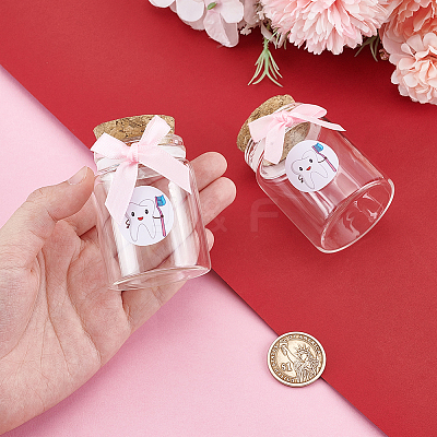 2Pcs Column Transparent Glass Baby Girl Teeth Empty Cork Bottles with Bowknot and Plastic Tooth Picture Stickers AJEW-NB00015-1