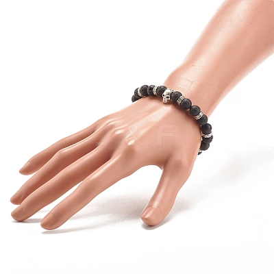 Natural Lava Rock Round Beaded Stretch Bracelet with Alloy Skull BJEW-JB07865-01-1