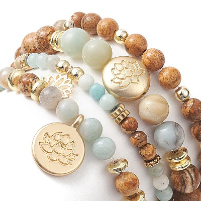 Natural Flower Amazonite & Picture Jasper Beaded Stretch Bracelets Sets with Non-Magnetic Synthetic Hematite BJEW-JB09280-1
