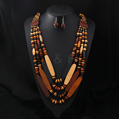 Bohemian Style Wood Beaded Multilayer Necklaces & Dangle Earrings Sets WG93846-05-1
