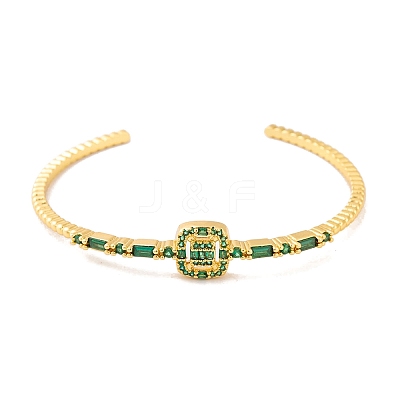 Brass Pave Green Glass Open Cuff Bangles for Women BJEW-S147-15G-C-1