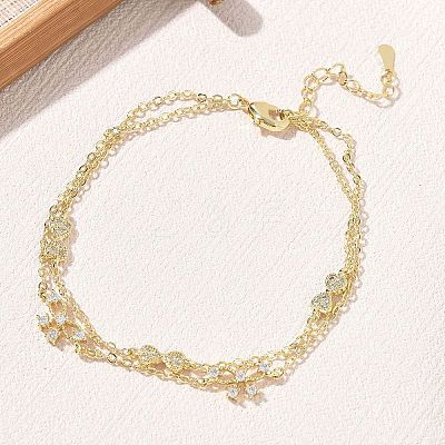 Brass Micro Pave Clear Cubic Zirconia Bowknot Link 2-Strand Bracelets KK-CBA6980-19G-1