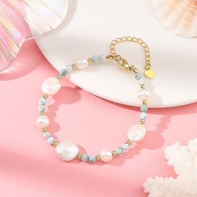 Faceted Round Natural Larimar and Keshi Pearl Coin Beaded Bracelets BJEW-JB14469-1