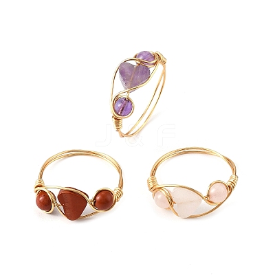 Copper Wire Wrapped Natural Amethyst & Rose Quartz & Red Jasper Braided Bead Rings for Women RJEW-JR00849-1
