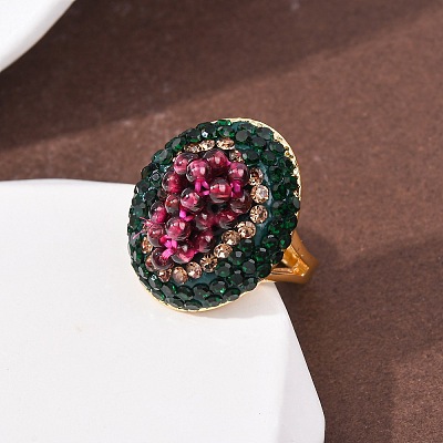 Brass & Polymer Clay Rhinestones & Natural Garnet Cuff Rings RJEW-G365-01G-1