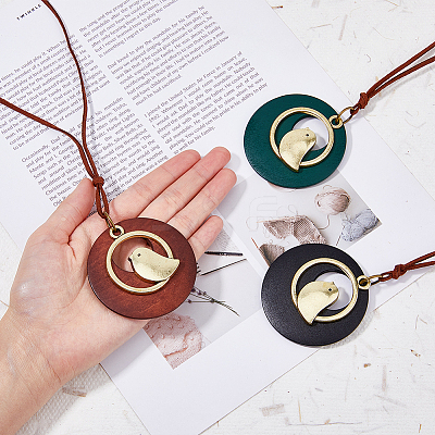3Pcs 3 Colors Alloy Flat Round with Bird Pendant Necklaces Set with Faux Suede Cords NJEW-FI0001-30-1