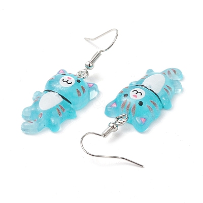 Iron Transparent Resin Cat Shape Dangle Earrings EJEW-JE06379-1