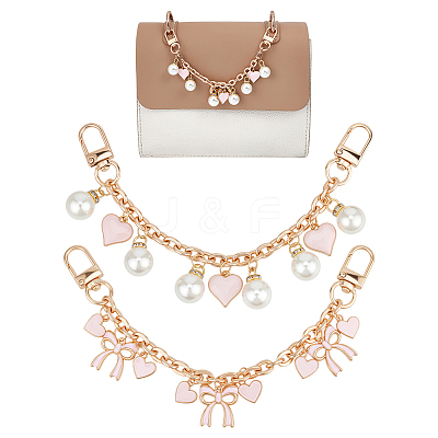 4Pcs 2 Styles Alloy Pink Enamel Bowknot Heart Charms Bag Decorative Chains HJEW-UN00104-1