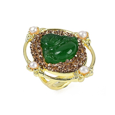 Oval with Buddha Brass Glass Finger Rings RJEW-P128-01G-1