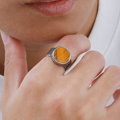 304 Stainless Steel with Natural Tiger Eye Finger Rings for Men FS-WGE1297-01-1