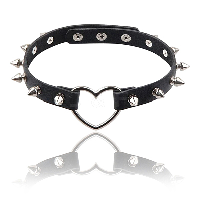 Adjustable Adjustable Gothic PU Leather Alloy Spike Rivet Heart Choker Necklaces for Women NJEW-WH20816-006P-B-1