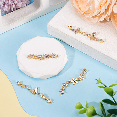 4Pcs 4 Styles Brass Pave Clear Cubic Zirconia Flower Butterfly Connector Charms KK-TA0008-72G-1