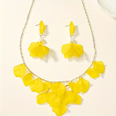 Petal Resin Charm & Alloy Pendant Necklaces & Stud Dangle Earring Sets FS-WG0777B-02-1