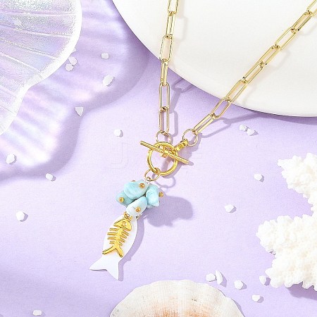 Ocean Natural Larimar & Whtie Shell Fish Pendant Brass Paperclip Chain Necklaces with OT Clasps for Women NJEW-JN06475-1