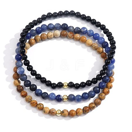 Natural Sodalite & Pictue Jasper & Black Stone Round Beaded Stretch Bracelets for Men MK6140-1