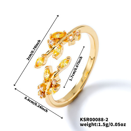 Exquisite Brass Cubic Zirconia Willow Leaf Cuff Rings for Women UN6923-2-1