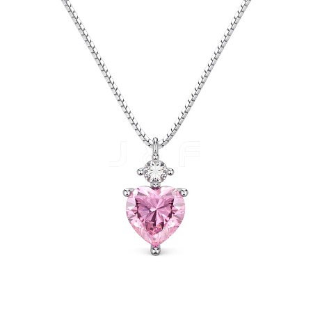Rhodium Plated 925 Sterling Silver Pave Clear & Pink Cubic Zirconia Box Chain Heart Pendant Necklaces for Women NJEW-Q342-12P-1