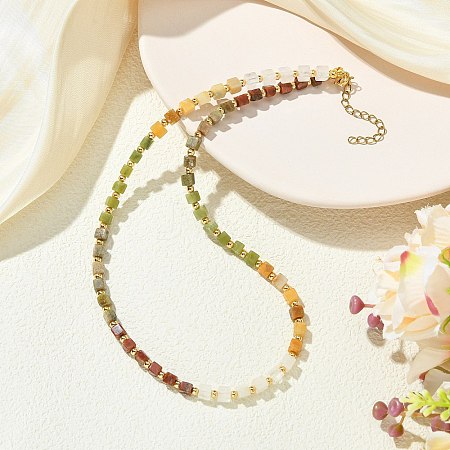 Gradient Natural Unakite & Quartz Crystal & Chinese Southern Jade & Yellow Aventurine & Sesame Jasper Cube Beaded Necklaces with Brass Round Beads NJEW-JN06612-1