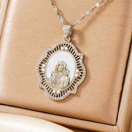 Vintage Brass Micro Pave Clear Cubic Zirconia Religious Rhombus with Virgin Mary Pendant Necklaces HW0561-1-1