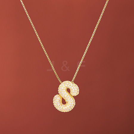 Brass Micro Pave Clear Cubic Zirconia Initial Pendant Necklaces for Women FS-WGDC51D-19-1