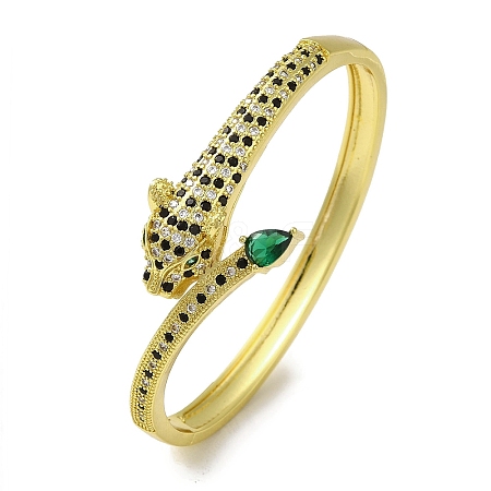 Brass Pave Green Cubic Zirconia Leopard Hinged Bangle for Women BJEW-K246-02G-1