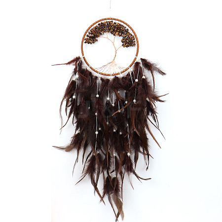 Tree of Life Wrapped Natural Tiger Eye Chips Woven Web/Net with Feather Decorations PW-WG91800-02-1