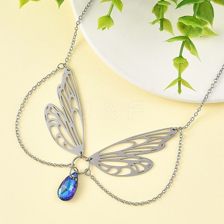 304 Stainless Steel & Blue Glass Pendant Necklaces NJEW-TA00253-1
